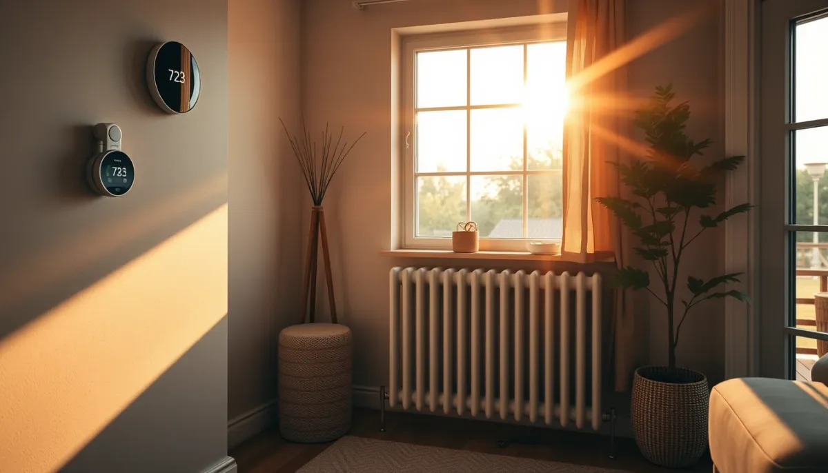 Salon confortable avec radiateur et thermostat mural, illustrant le confort thermique après entretien