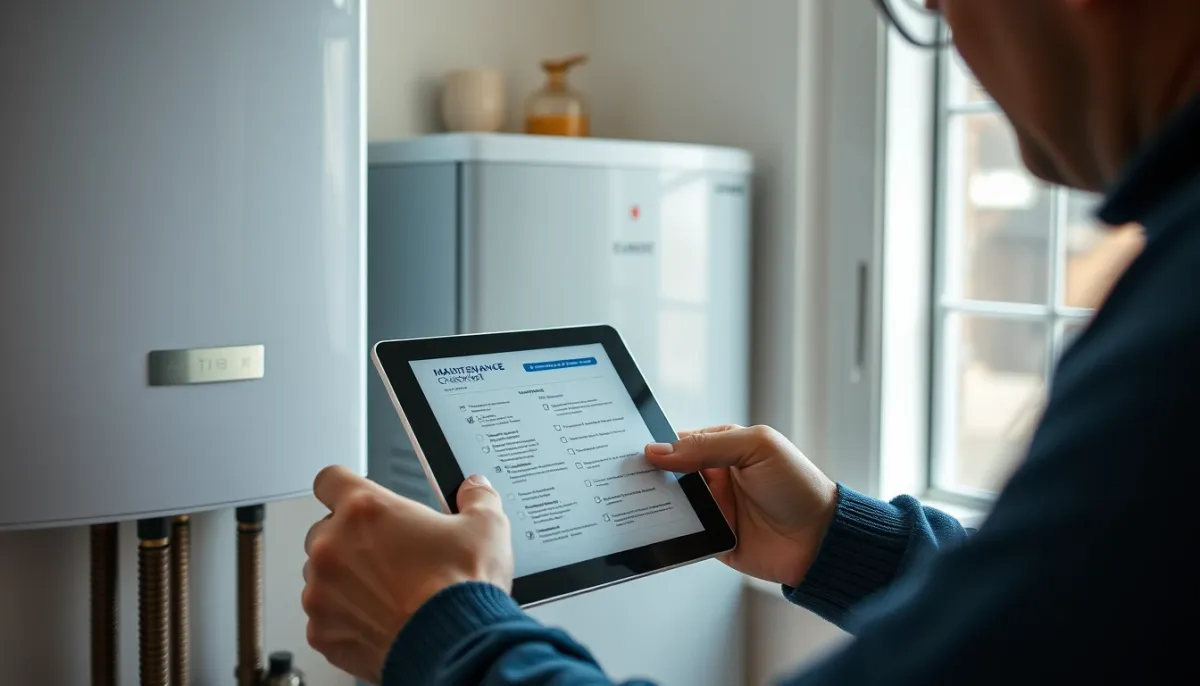 Propriétaire vérifiant la checklist d'entretien de sa chaudière gaz sur une tablette