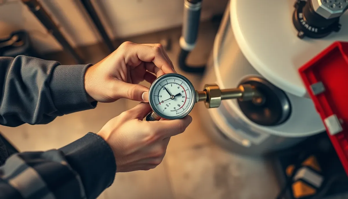 Technicien vérifiant la pression du réseau d'eau avec un manomètre sur une installation de chauffe-eau