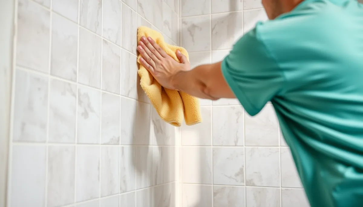Nettoyage facile d'une douche carrelée avec un chiffon doux