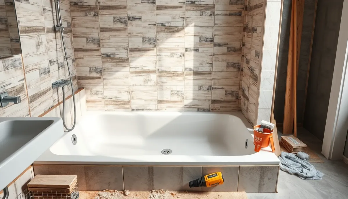 Chantier de rénovation de salle de bains avec matériaux pour douche