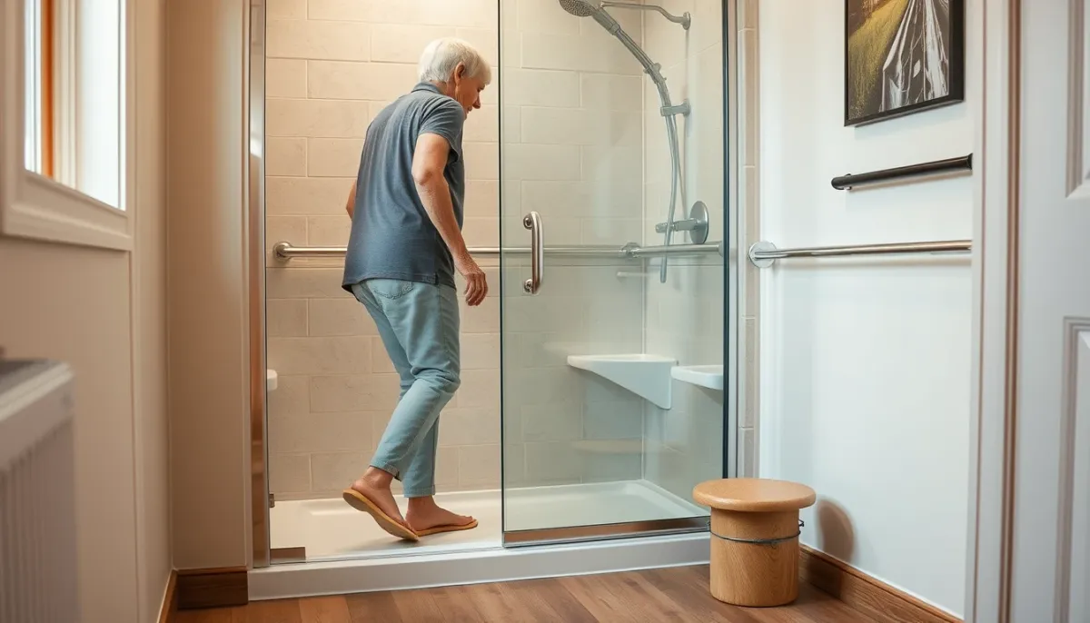 Personne âgée accédant facilement à une douche à l'italienne avec receveur extraplat
