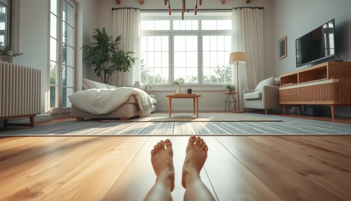 Plancher rafraîchissant diffusant une fraîcheur douce dans un salon en été
