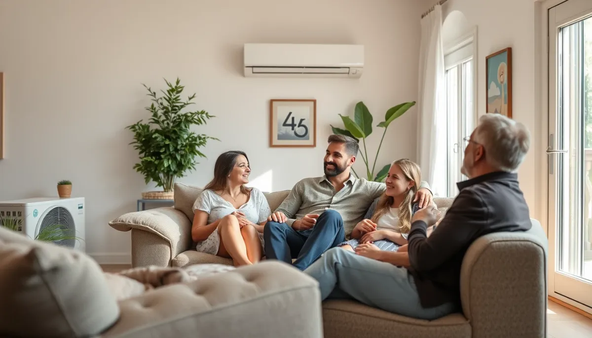 Famille profitant d'un intérieur frais grâce à une PAC air/eau réversible en été